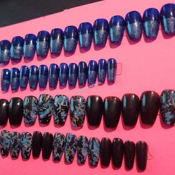 2 Set Short Coffin Blue Shimmer and Black Abstract Press on Nails - Picture 2 of 3